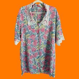 80's 90's vintage pastel floral lace coquette lingerie sleepshirt MEDIUM